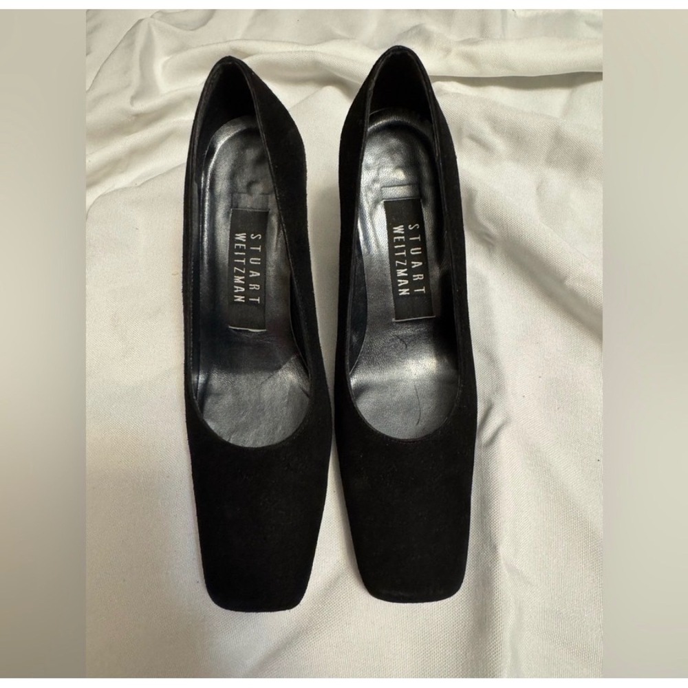 Vintage Stuart Weitzman Black Suede Square Toe Pumps Size 4 Made in Spain